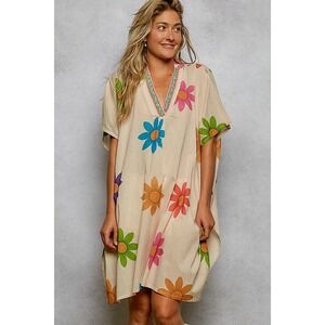 POL Floral Cotton V-Neck Shift Dress with Bead Trim Multi Half Sleeve Small